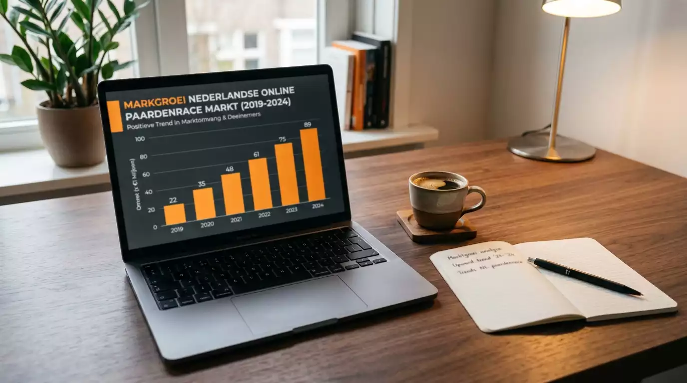 Laptop met grafiek van de Nederlandse online sportweddenmarkt in een modern kantoor